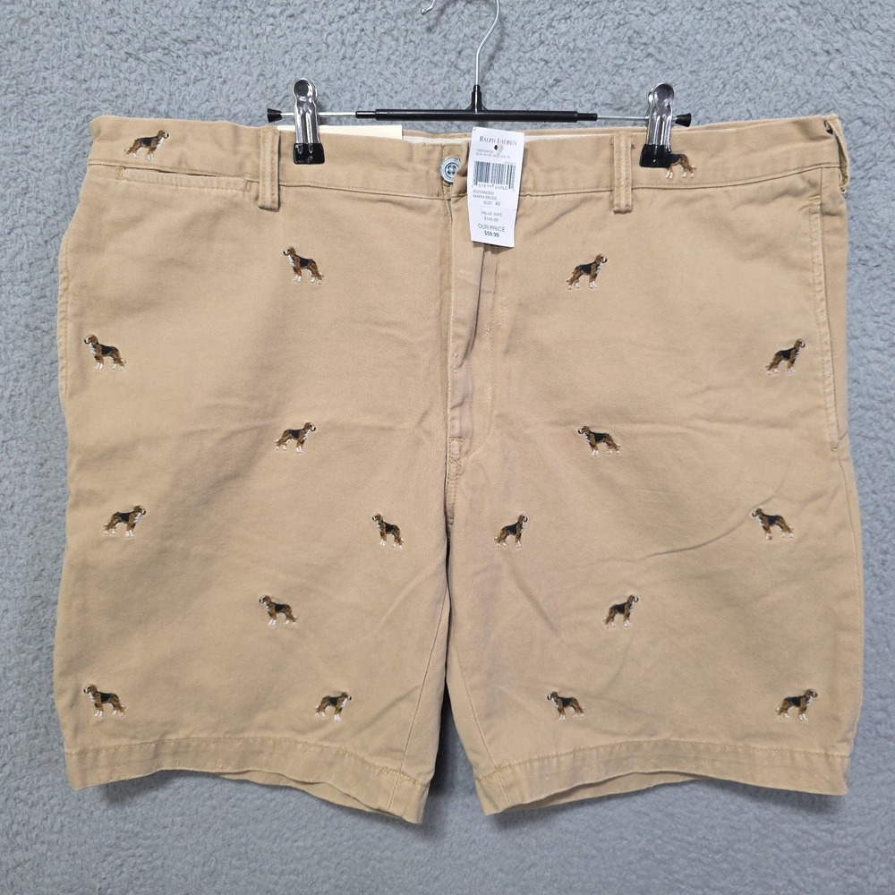 Polo Ralph Lauren Khaki Chino Shorts Mens 40 Embroidered Dogs Preppy NWT